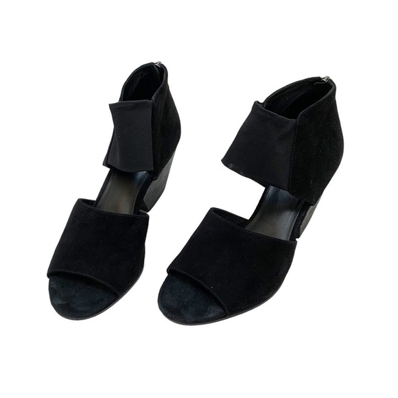 Eileen Fisher Black Suede Sandal Heels Zip Back Mesh Strap Size 9 - Picture 5 of 15